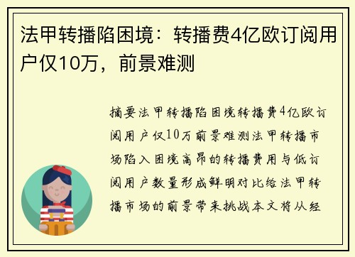 法甲转播陷困境：转播费4亿欧订阅用户仅10万，前景难测